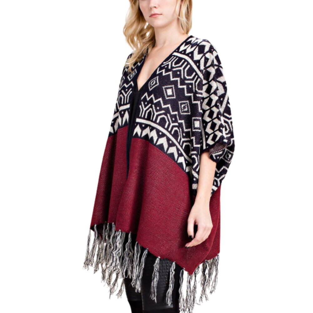 VOCAL Aztec Print Fringed Open Front Poncho‎ Cardigan Sweater S-XL NWT